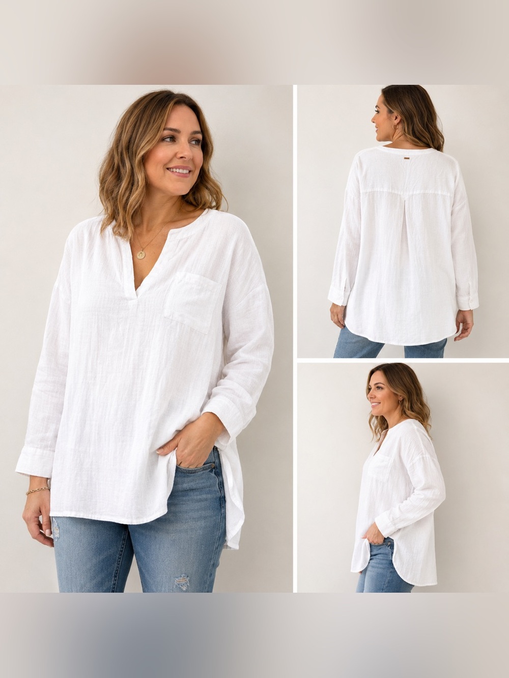 O'Neill Women's White V-Neck Long-Sleeve Tunic Top
